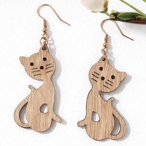 Handmade Wooden Cat Dangle Earrings Rustic Boho Eco-Friendly Jewelry